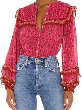 FREE PEOPLE JENNA PRINTED BLOUSE IN RED COMBO